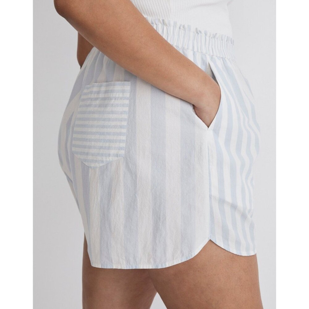 Madewell Cotton Poplin Pull-On Shorts Women's Sz Large Weathered Sky Blue Stripe - Picture 9 of 16